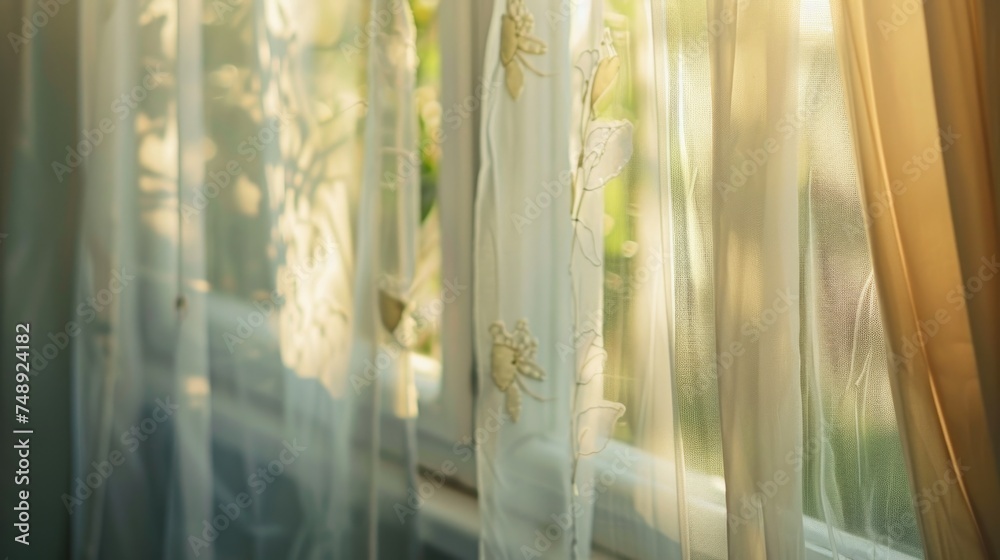 A detailed view of a curtain hanging on a window sill, perfect for home decor ideas A detailed view of a curtain hanging on a window sill, perfect for home decor ideas