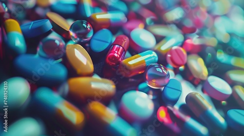 Close up view of a variety of colorful pills. Suitable for medical or pharmaceutical concepts