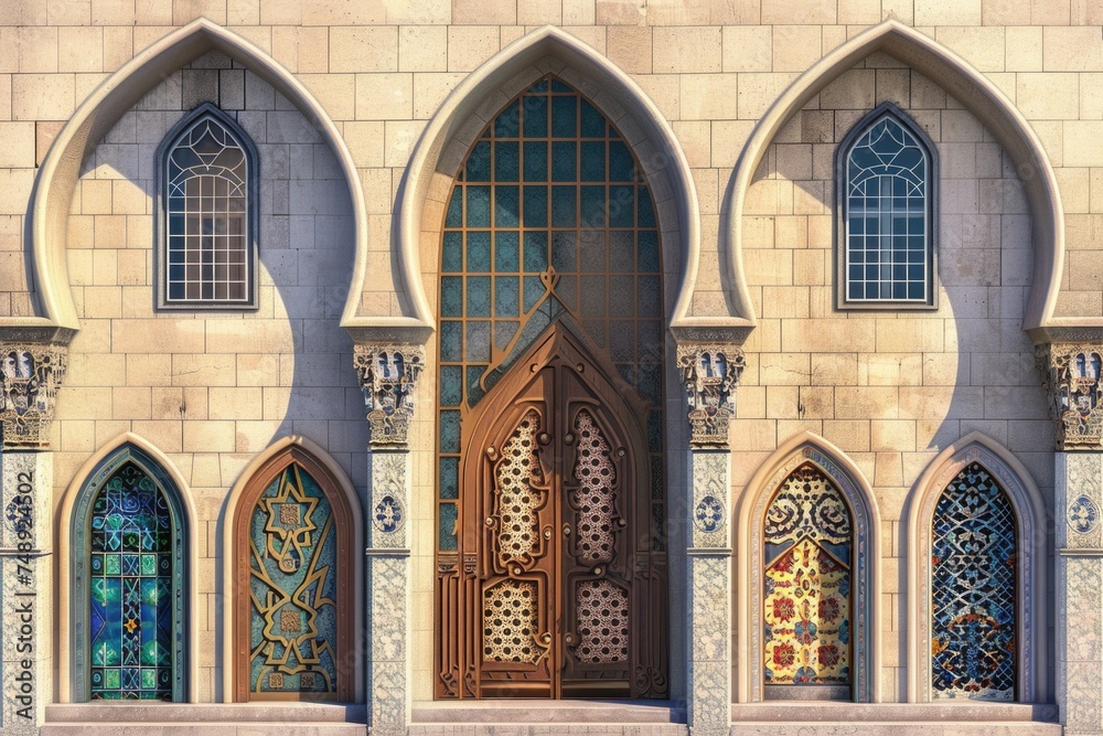 A group of arched windows in a building. Ideal for architectural design projects