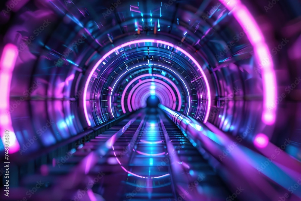 A train traveling through a tunnel with colorful purple and blue lights. Ideal for transportation and travel concepts A train traveling through a tunnel with colorful purple and blue lights. Ideal for transportation and travel concepts