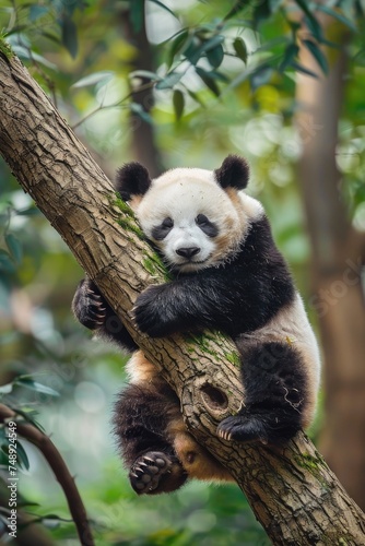 A cute panda bear sitting on a tree branch. Suitable for nature and wildlife concepts © Fotograf