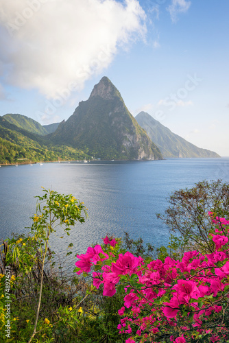 Stunning view of the Pitons (Petit Piton & Gros Piton). from an elevated viewpoint with the rainforest and bay of Soufrire in the foreground...Soufriere,.Saint Lucia, .West Indies, Eastern Caribbean