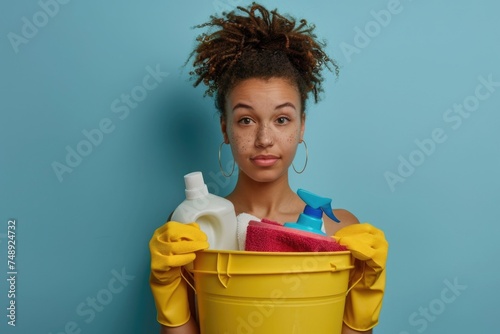 A woman holding a bucket full of cleaning supplies. Ideal for cleaning service ads
