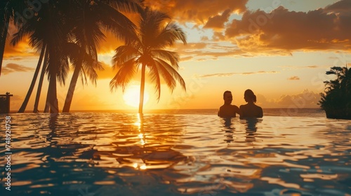 A romantic couple enjoying the sunset in a swimming pool. Perfect for travel and vacation concepts © Fotograf