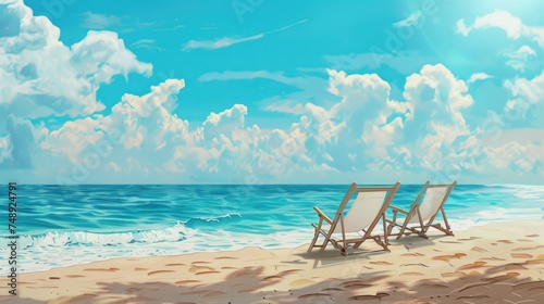 Two beach chairs on a sandy beach  perfect for travel brochures or vacation websites