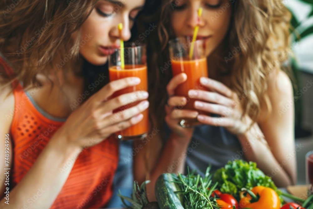 Two women enjoying drinks at a table, suitable for lifestyle or socializing concepts Two women enjoying drinks at a table, suitable for lifestyle or socializing concepts