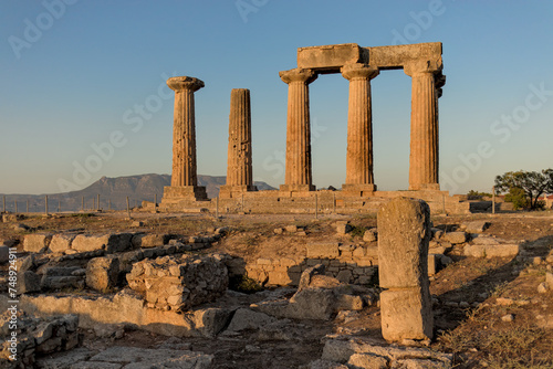 Temple of Apollo ruins in Ancient Corinth, Greece.  Details of columns, pillars, doric architecture.