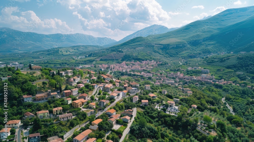 Aerial view of a picturesque mountain town, suitable for travel websites
