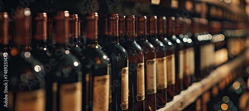 Black wine bottles lined up and stacked on shelves in a luxury private collection collectible wine store. AI generated illustration photo