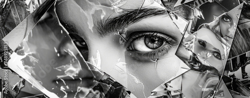 A striking black and white image of a woman's face seen through a shattered mirror. Perfect for conceptual or abstract designs photo
