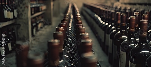 Black wine bottles lined up and stacked on shelves in a luxury private collection collectible wine store. AI generated illustration photo