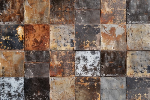 Detailed shot of a weathered wall with rusty tiles. Suitable for backgrounds or textures