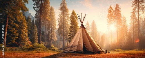 Perfect calm place in nauture for teepee place, perfect colorful light, banner. Generative Ai. photo