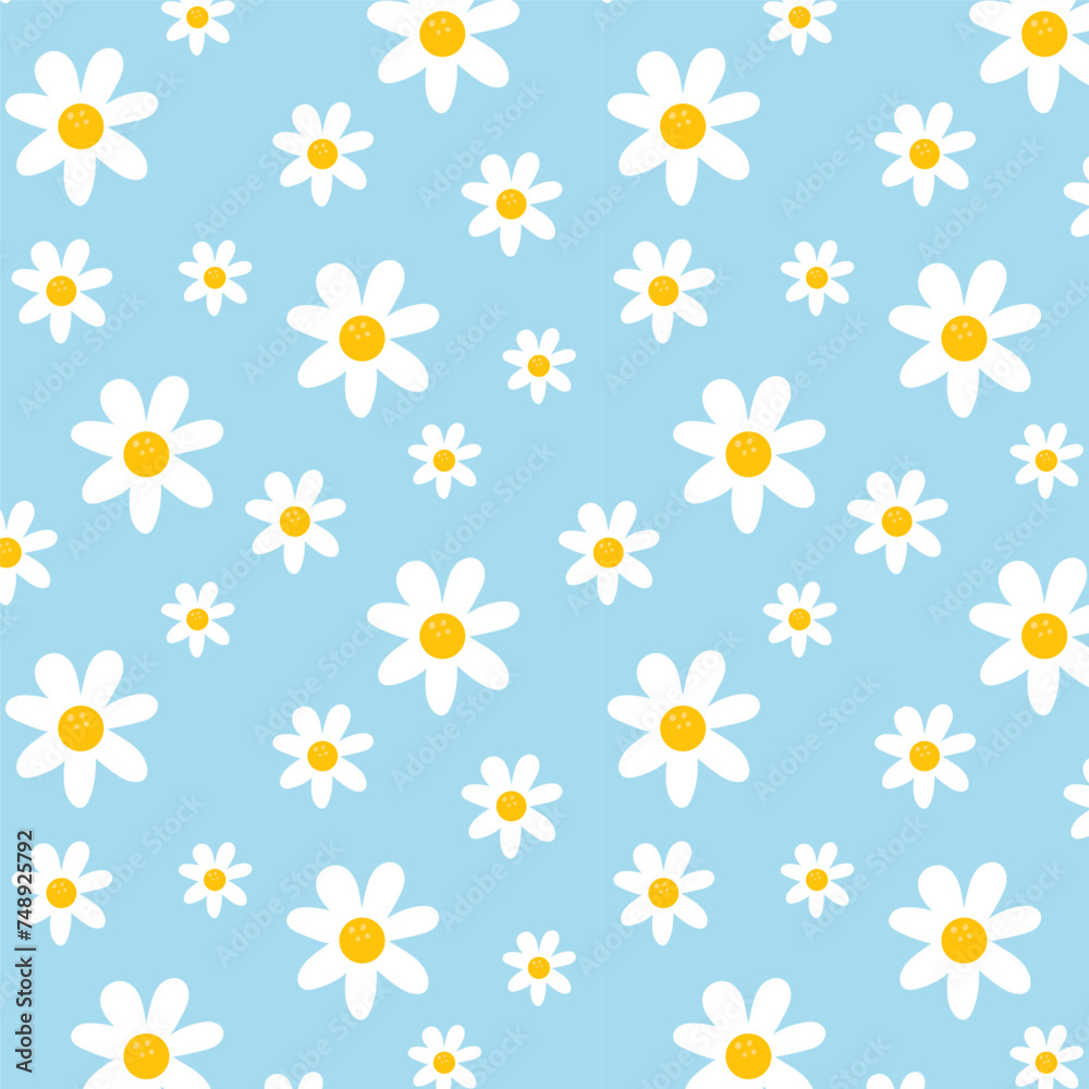 Camomile or daisy isolated on blue background. Hand drawn camomile floral seamless pattern vector illustration.