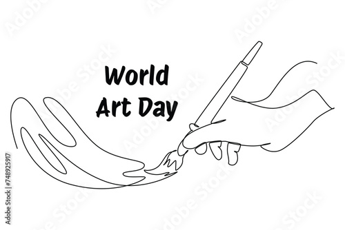 One single line draw of hands is painting. banner and icon of att day. World art day event. Continuous line art vector illustration. Simple line.