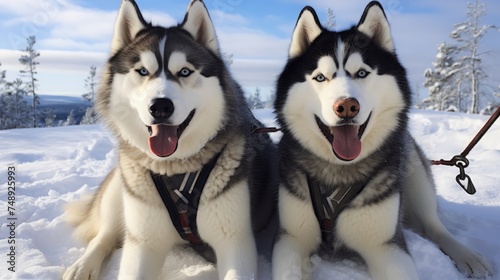 malamutes or huskies in harness. northern sled dogs.