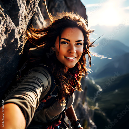 A woman rock climbing up the side of a mountain  AI-Generated. 