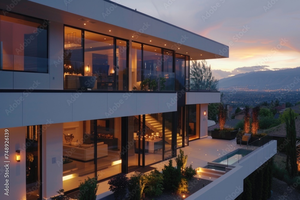 A picturesque scene of a house with a pool overlooking majestic mountains. Ideal for travel brochures or real estate promotions A picturesque scene of a house with a pool overlooking majestic mountains. Ideal for travel brochures or real estate promotions