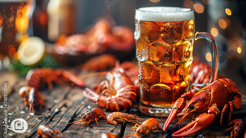 Illustration, a mug of beer and raki on a wooden table, in a rustic style, An old wooden table, similar to an old bar counter, a restaurant menu, very beautiful and appetizing. photo