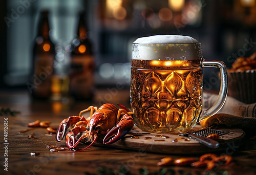 Illustration, a mug of beer and raki on a wooden table, in a rustic style, An old wooden table, similar to an old bar counter, a restaurant menu, very beautiful and appetizing.