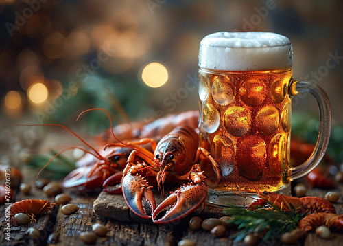 Illustration, a mug of beer and raki on a wooden table, in a rustic style, An old wooden table, similar to an old bar counter, a restaurant menu, very beautiful and appetizing. photo