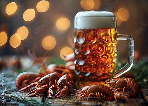 Illustration, a mug of beer and raki on a wooden table, in a rustic style, An old wooden table, similar to an old bar counter, a restaurant menu, very beautiful and appetizing. photo