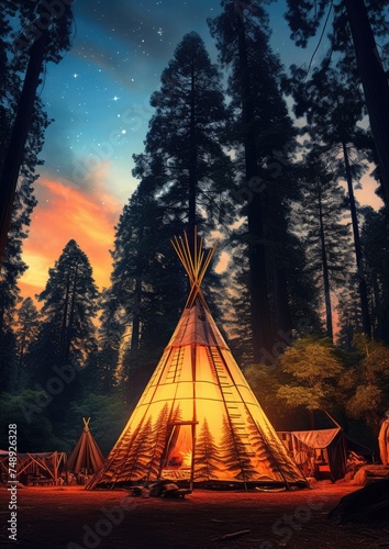 Teepee tent in the middle of calm nature with lot of high trees in the night. Generative Ai.
