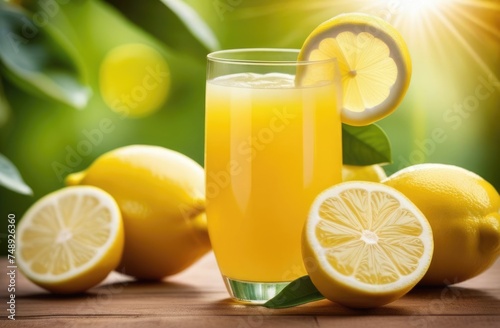 freshly squeezed lemon juice on a wooden table, lemon plantation on the background, refreshing summer lemonade, lemon garden, sunny day