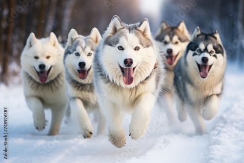 team of malamutes is running through the snow. northern sled dogs.