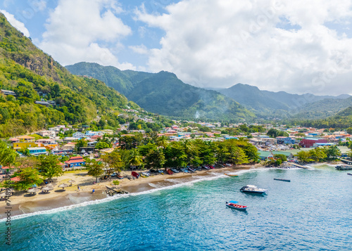 Fototapeta Naklejka Na Ścianę i Meble -  Aerial View of Soufriere Bay and Beach.Soufriere, Saint Lucia, .West Indies, Eastern Caribbean