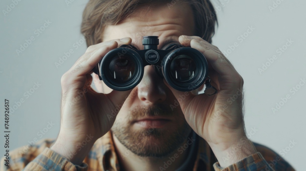 A man looking through a pair of binoculars, suitable for outdoor activities A man looking through a pair of binoculars, suitable for outdoor activities