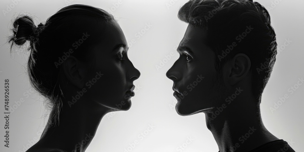 A man and a woman standing face to face. Suitable for relationship and communication concepts