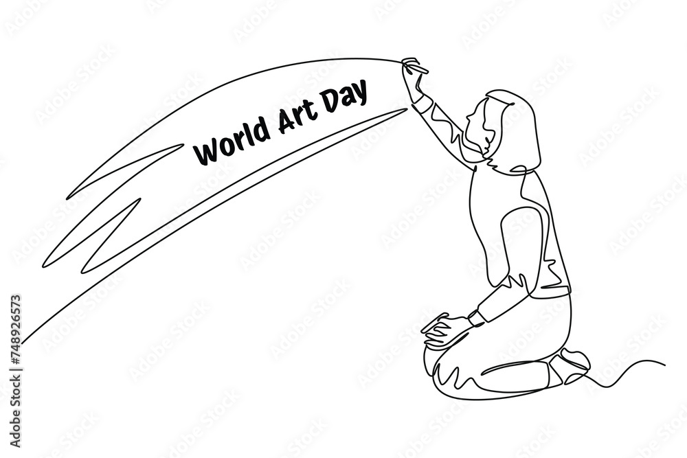 single continuous line, drawing a girl is celebrating world painting day. banner and icon of art day. World art day event. Continuous line art vector illustration. Simple line.