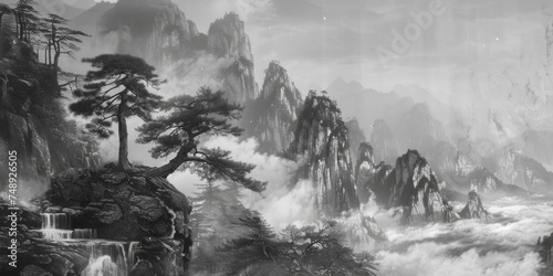 Black and white painting of a serene mountain scene. Suitable for various design projects