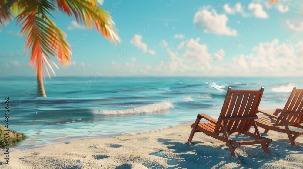 Two wooden chairs on a sandy beach, suitable for vacation concepts