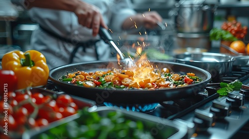 The chef is sauting vegetables in a pan on the stove