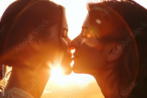 Romantic couple kissing with sun in background, perfect for love and romance concepts