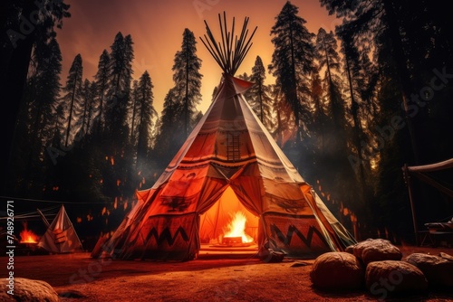 Teepee tent in the middle of calm nature with lot of high trees in the night. Generative Ai.