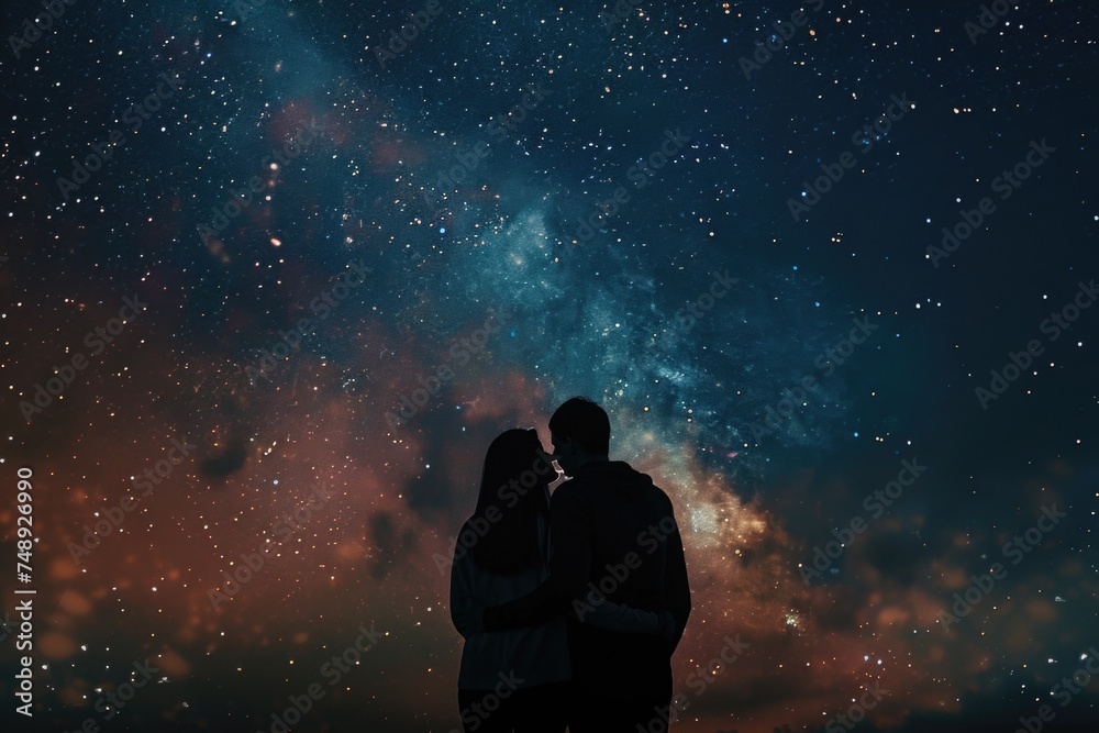A man and a woman standing under a sky full of stars. Suitable for romantic concepts