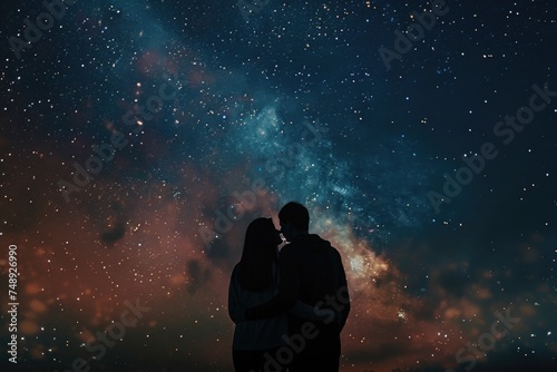 A man and a woman standing under a sky full of stars. Suitable for romantic concepts