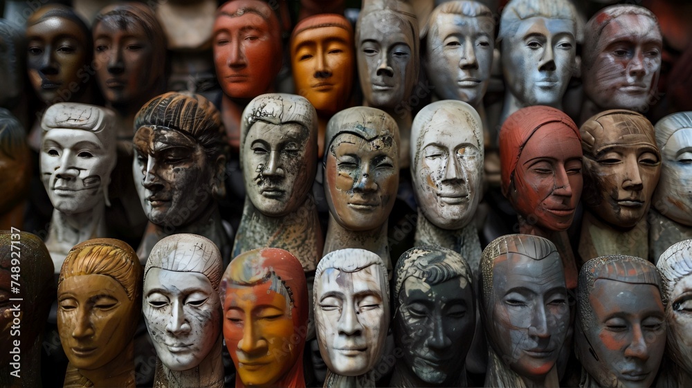 A large group of statue heads on display