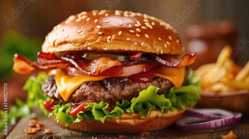 Delicious hamburger with crispy bacon, fresh lettuce, ripe tomato, and melted cheese. Perfect for food blogs and restaurant menus