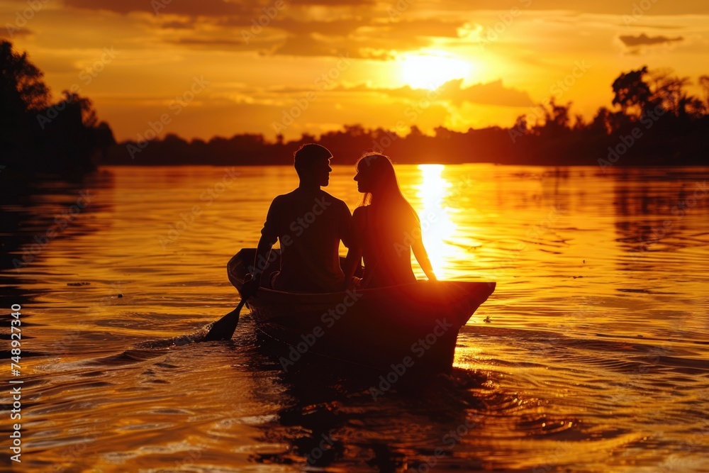 A man and a woman sitting together in a boat. Ideal for travel and leisure concepts