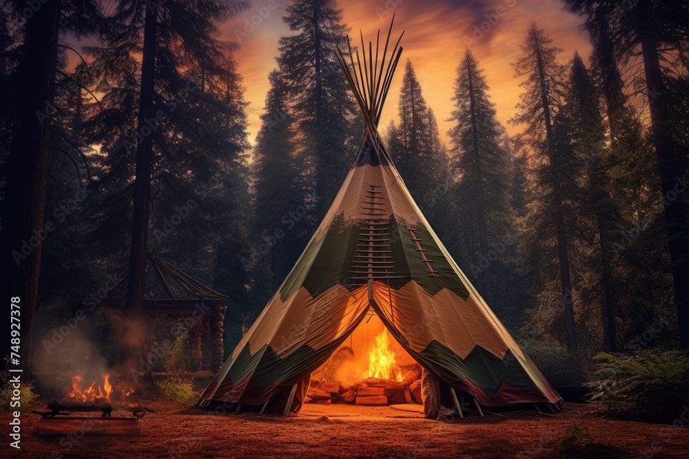 Teepee tent in the middle of calm nature with lot of high trees in the night. Generative Ai.