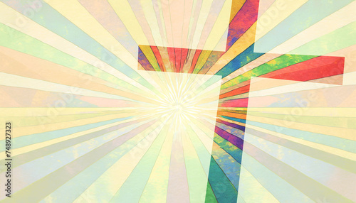 colorful Christian cross overlay on pastel sunburst design