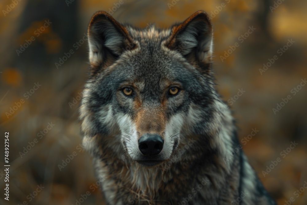 A close up of a wolf looking directly at the camera. Ideal for nature and wildlife themes