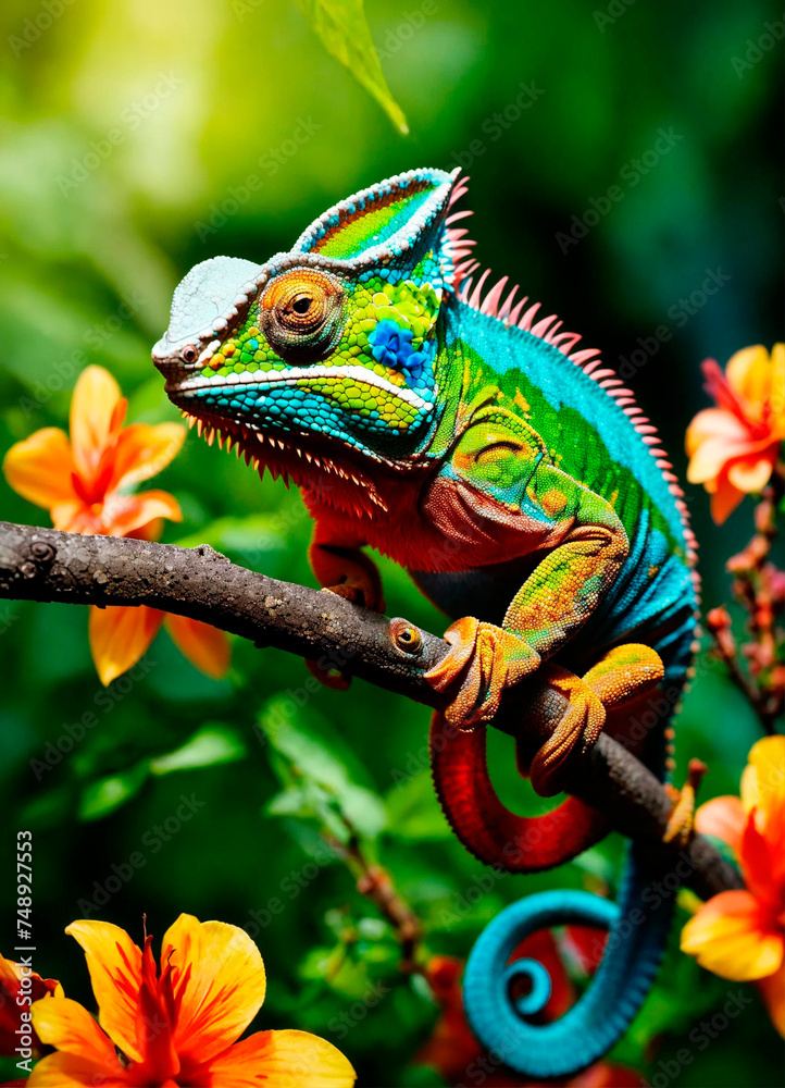 chameleon on tropical flowers. Selective focus. chameleon on tropical flowers. Selective focus.
