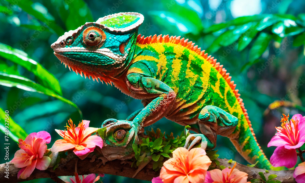 chameleon on tropical flowers. Selective focus.