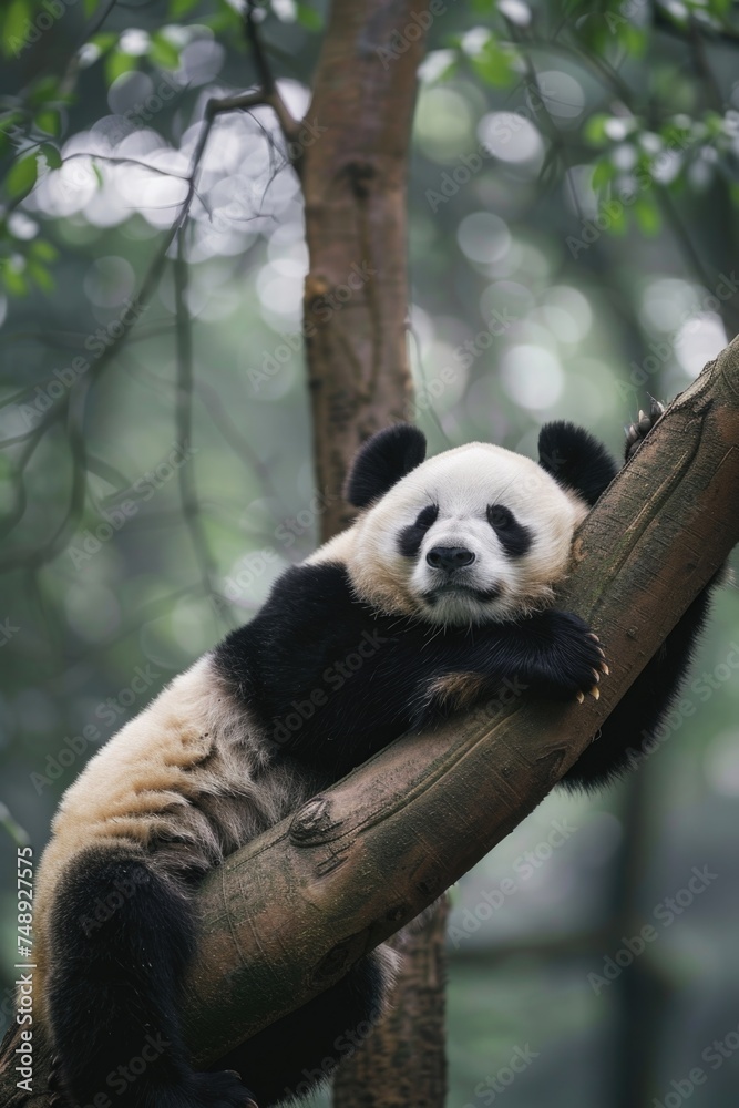 Obraz premium A cute panda bear peacefully sleeping on a tree branch. Suitable for nature and wildlife concepts