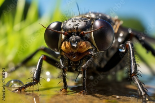 A detailed view of a bug crawling on the ground, showcasing its intricate features and movements. The bug appears to be exploring its surroundings in its natural habitat